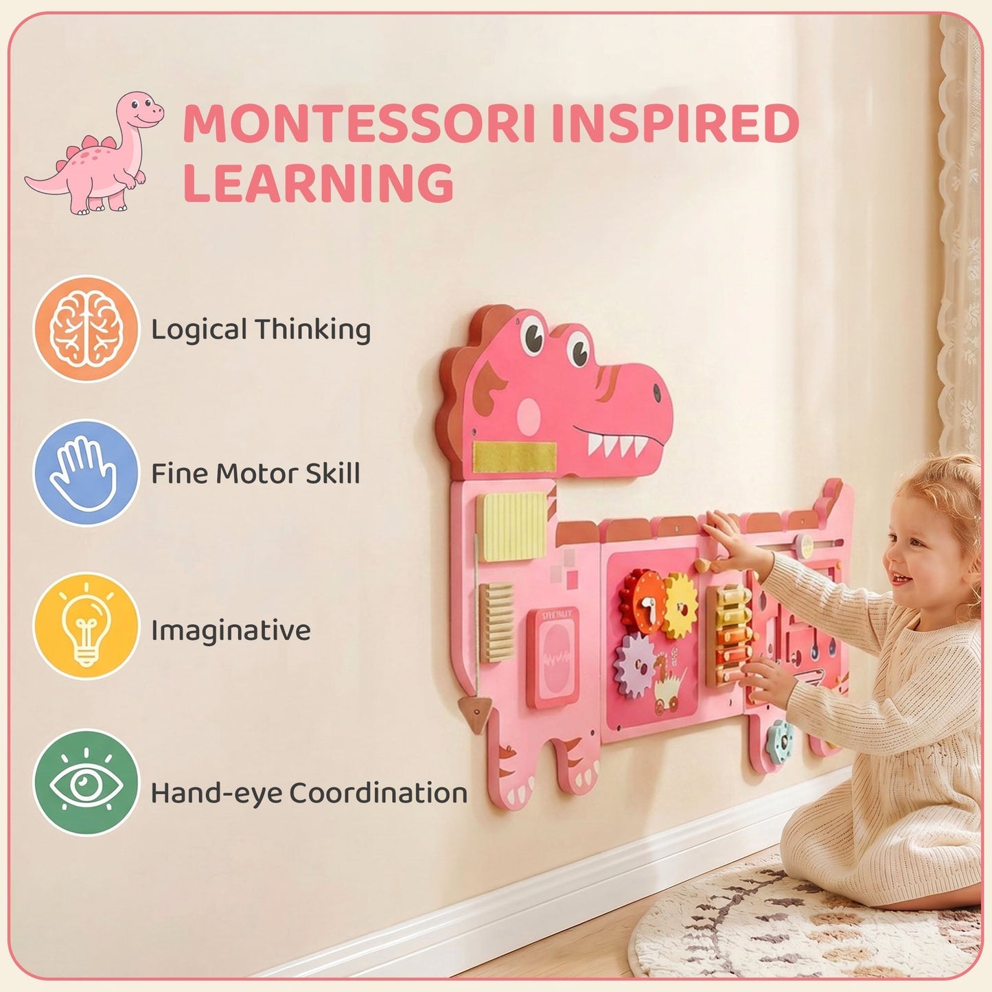 AIYAPLAY Busy Board Panels, Wall Mounted Montessori Inspired Busy Board, Toddler Learning Centre Dinosaur Theme, Pink