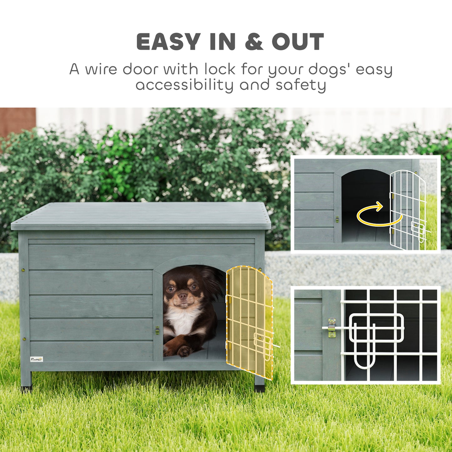 PawHut Wooden Dog House with Removable Bottom, Wire Door, Openable Top, Pet Shelter for Small Dog, 80 x 55 x 53.5cm, Dark Grey