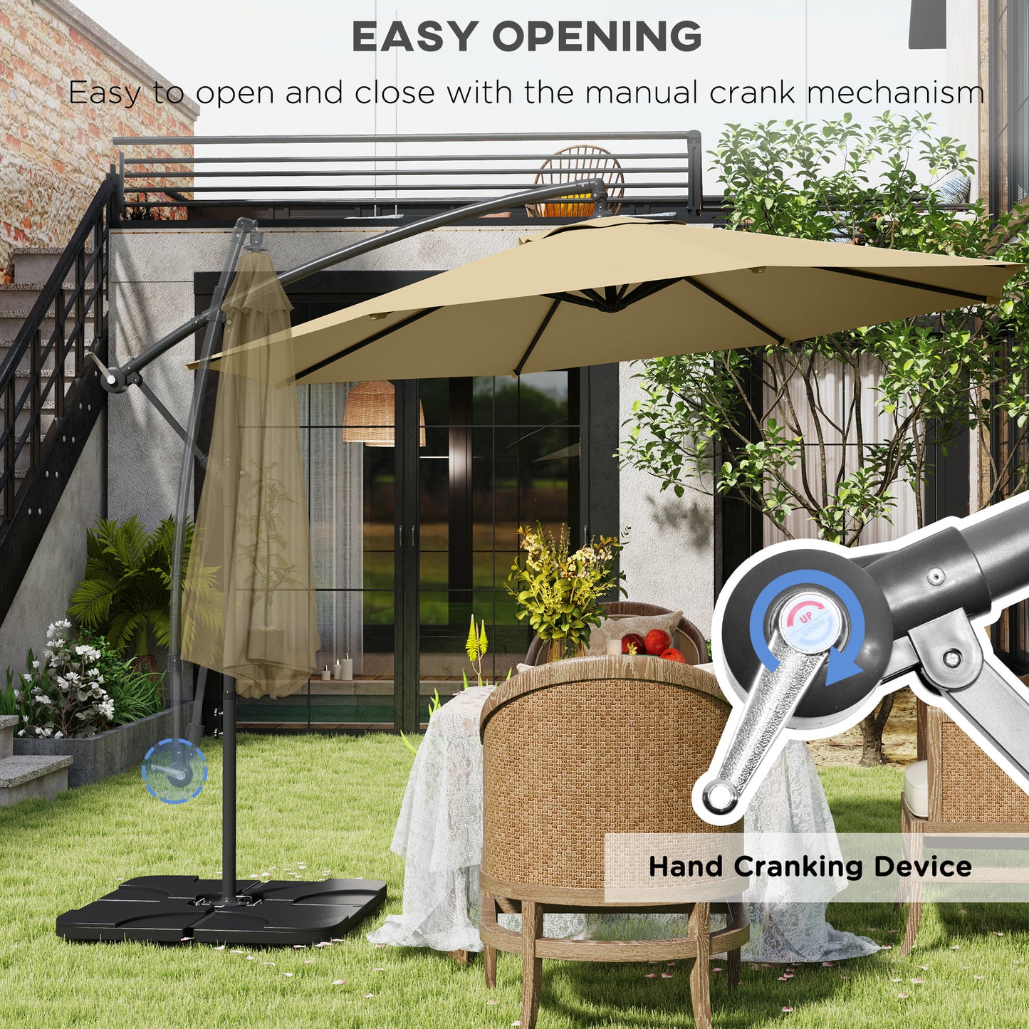 Outsunny 3m Overhanging Parasol, with Base, Weights and Cover - Sand brown