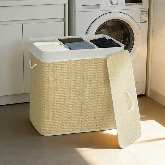HOMCOM 3 Section Laundry Basket with Lid, 144L Bamboo Laundry Hamper with Handles, Removable and Washable Liner, Cream White