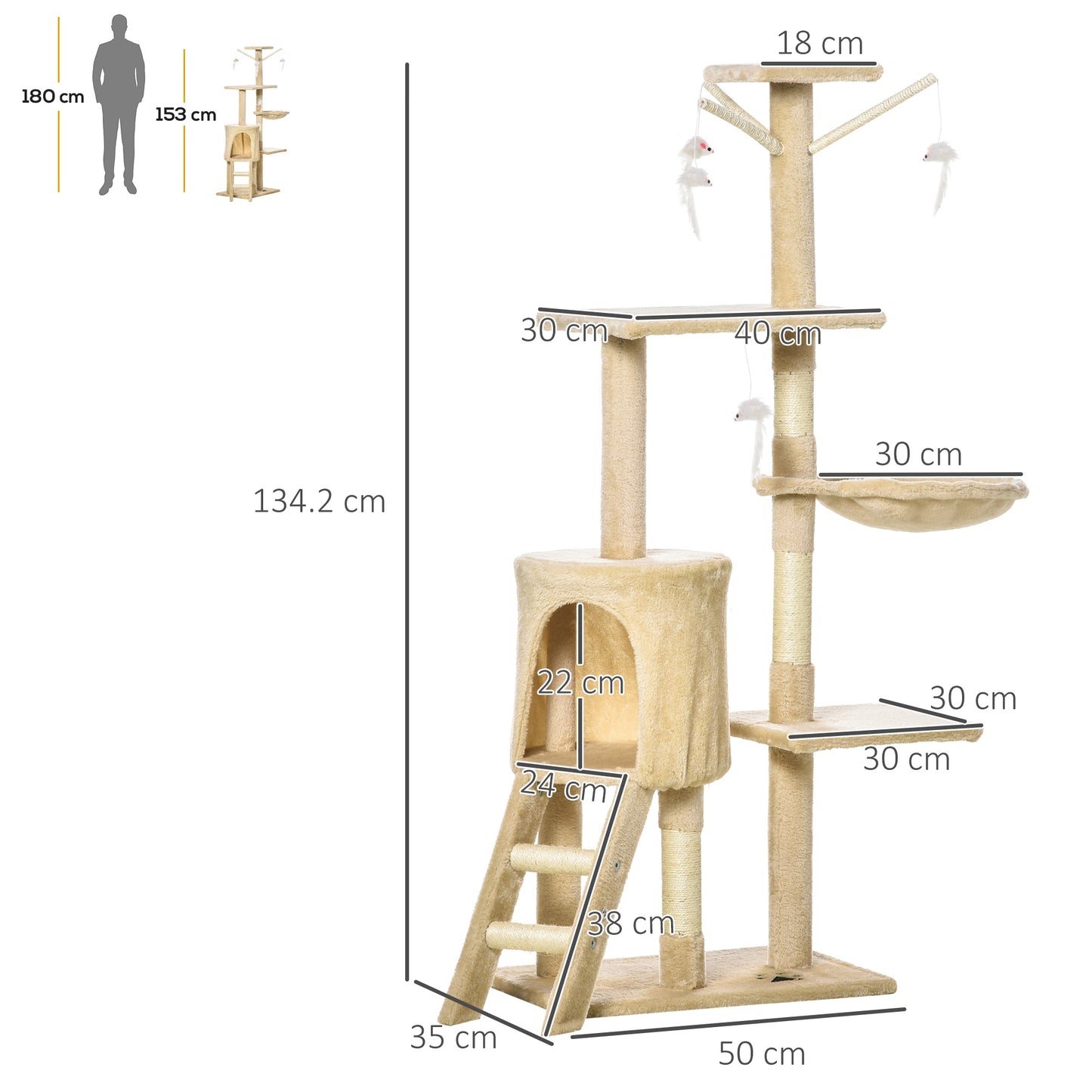 PawHut Multi-Level Cat Tree with Scratching Post, Ladder, Cat House, Beige