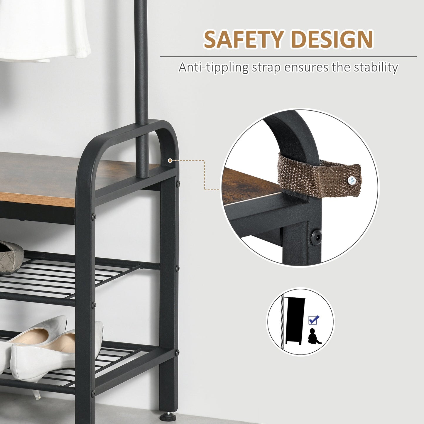 HOMCOM Coat Rack Stand Industrial hallway Shoe Rack Removable Hooks Metal Wood Hangers Storage Cabinet Rustic Brown 72L x 34W x 185H(cm)