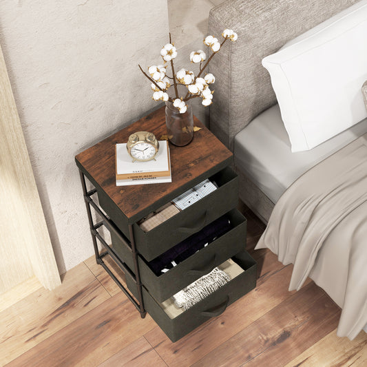 The fabric storage tower unit with three drawers and a wood effect top, shown with drawers open