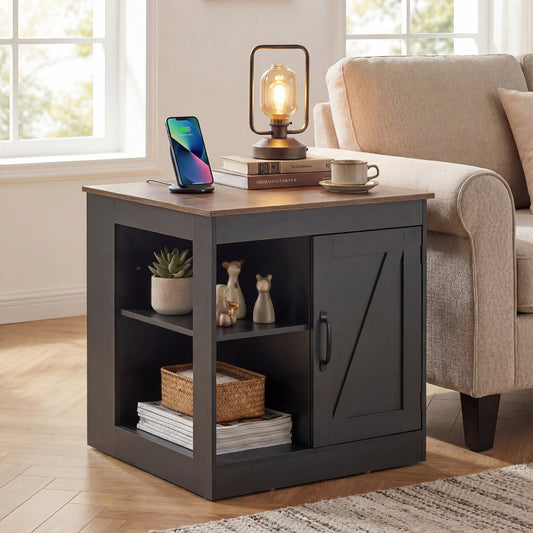 The bedside table placed next to a sofa in a bright living room with a lamp and phone charger