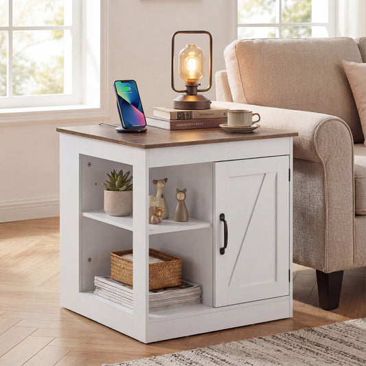 The white bedside table with a wooden top is shown next to a sofa with a lamp and books on top