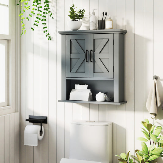 The grey wall cabinet is mounted above a toilet, holding toiletries and plants