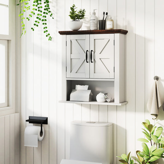 The wall cabinet mounted above a toilet in a bright bathroom setting with plants and accessories
