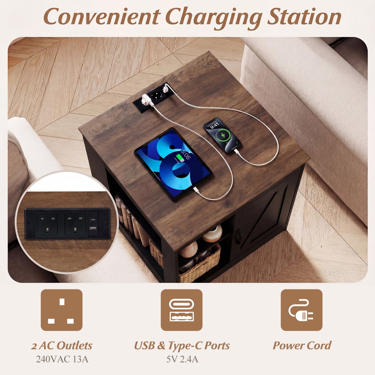 Farmhouse Nightstand with Charging Station Bedside Table with Adjustable Shelf-Black