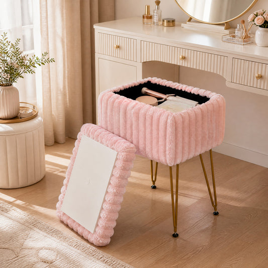 The pink faux fur ottoman with its lid open, showing a storage compartment for makeup and tissues