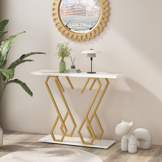 The console table placed in a hallway with a mirror and decorative items on top