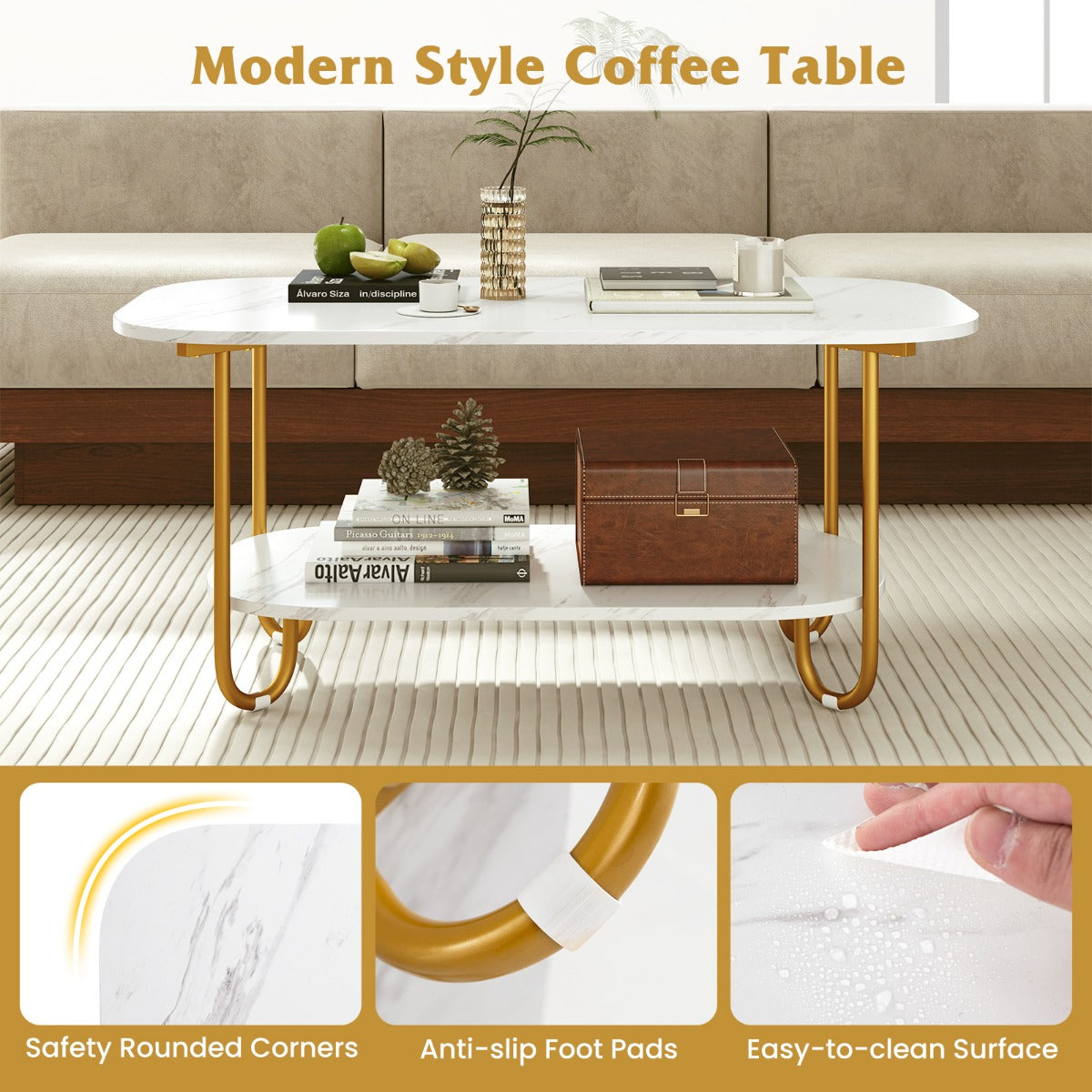 Faux Marble Top Coffee Table with Heavy-duty Metal Frame-White