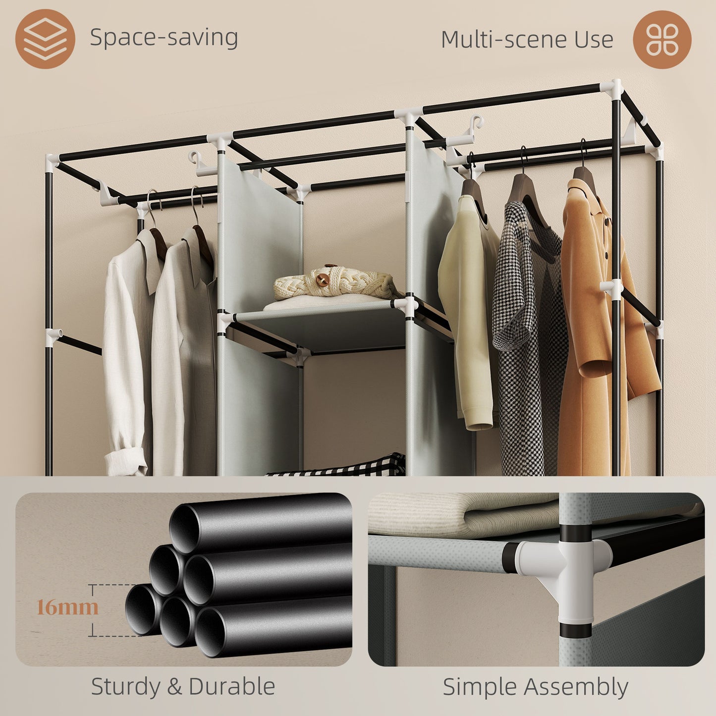 HOMCOM Fabric Wardrobe for Bedroom, Portable Wardrobe with 5 Shelves, 2 Hanging Rails and 3 Fabric Drawers, Foldable Closet, 125 x 43 x 162.5cm, Light Grey