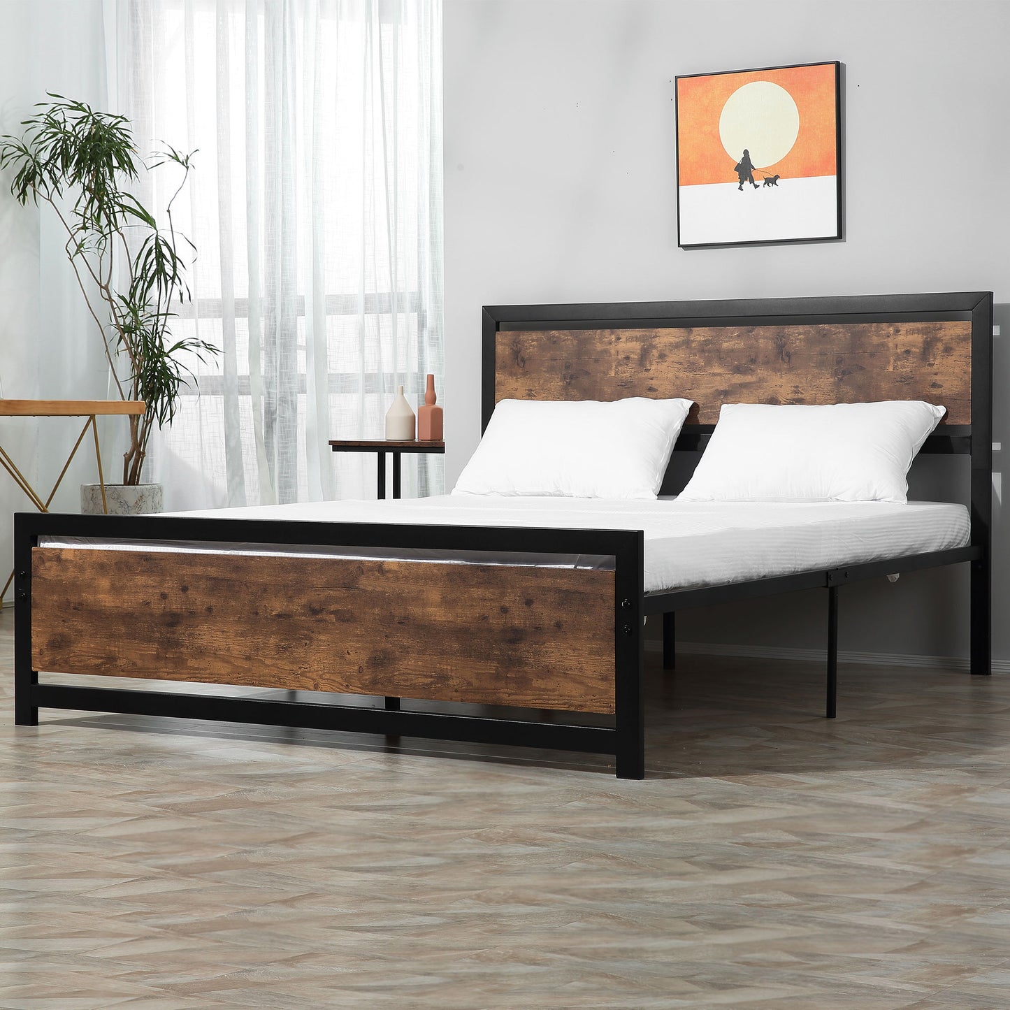HOMCOM King Size Metal Bed Frame with Headboard & Footboard, Strong Slat Support Full Bed Frame w/ Underbed Storage Space, Bedroom Furniture For Adults