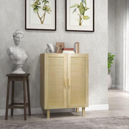 HOMCOM Sideboard Storage Cabinet, Boho Kitchen Cabinet with 2 Rattan Doors and Adjustable Shelves for Kitchen, Natural