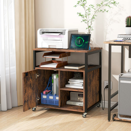 This file cabinet on wheels is shown in use with a printer and office supplies on top and inside
