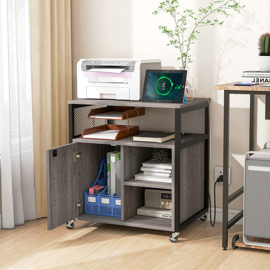 The cabinet holding a printer and tablet in a home office setting with the cupboard door open