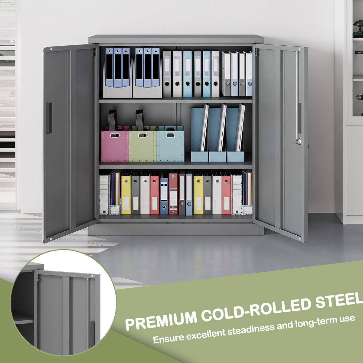 The metal storage unit with both doors open and a close up of the steel construction