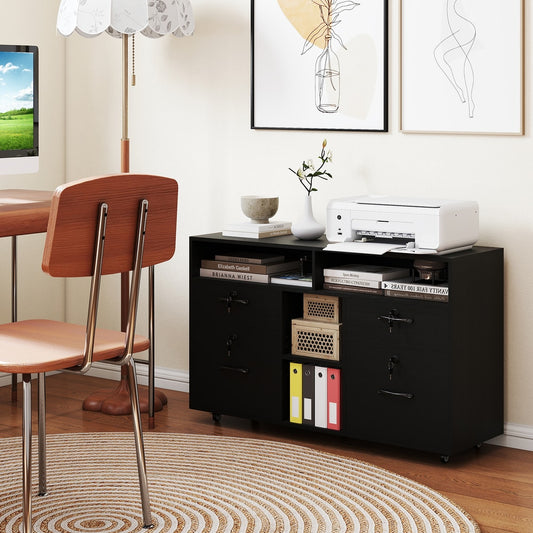 The black filing cabinet placed in a home office with a printer and books on top
