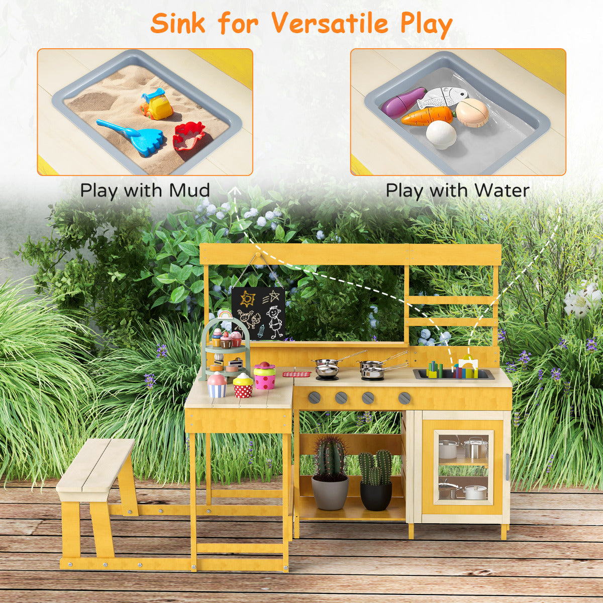 Mud kitchen with sink for versatile play with mud or water