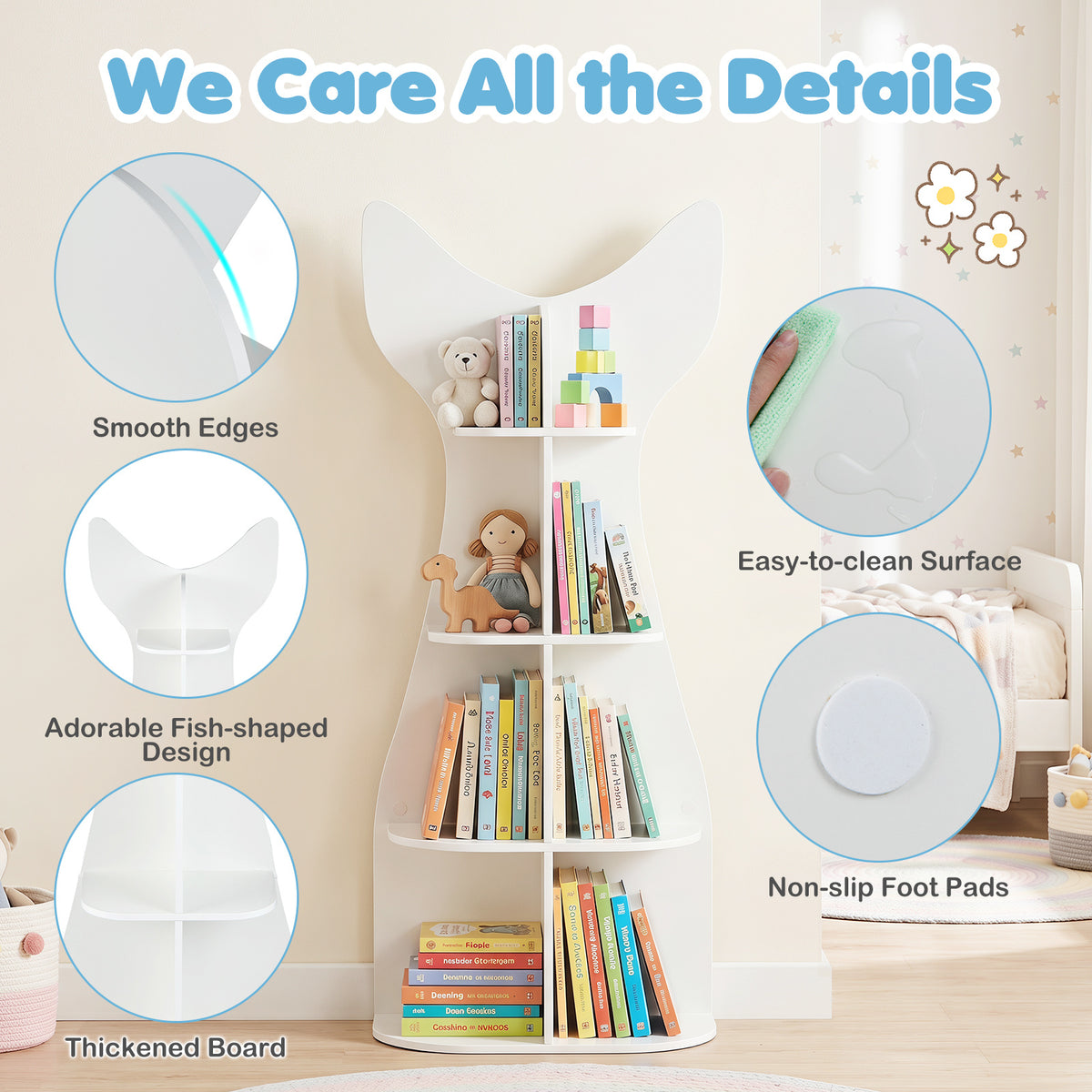 Close-up details of the white fish-shaped kids bookshelf showing smooth edges and non-slip pads