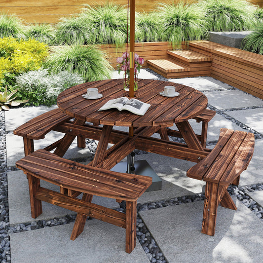 Outsunny Wooden Garden Dining Set, 8 Seater Patio Furniture Set with Round Picnic Table, Parasol Hole for Outdoor Garden, Tan