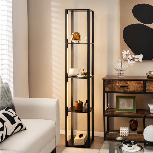 The black floor lamp with rotatable poles and 3-level dimmable LED bulbs in a living room