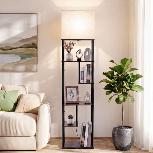 The industrial shelf lamp in a living room next to a sofa and a potted plant