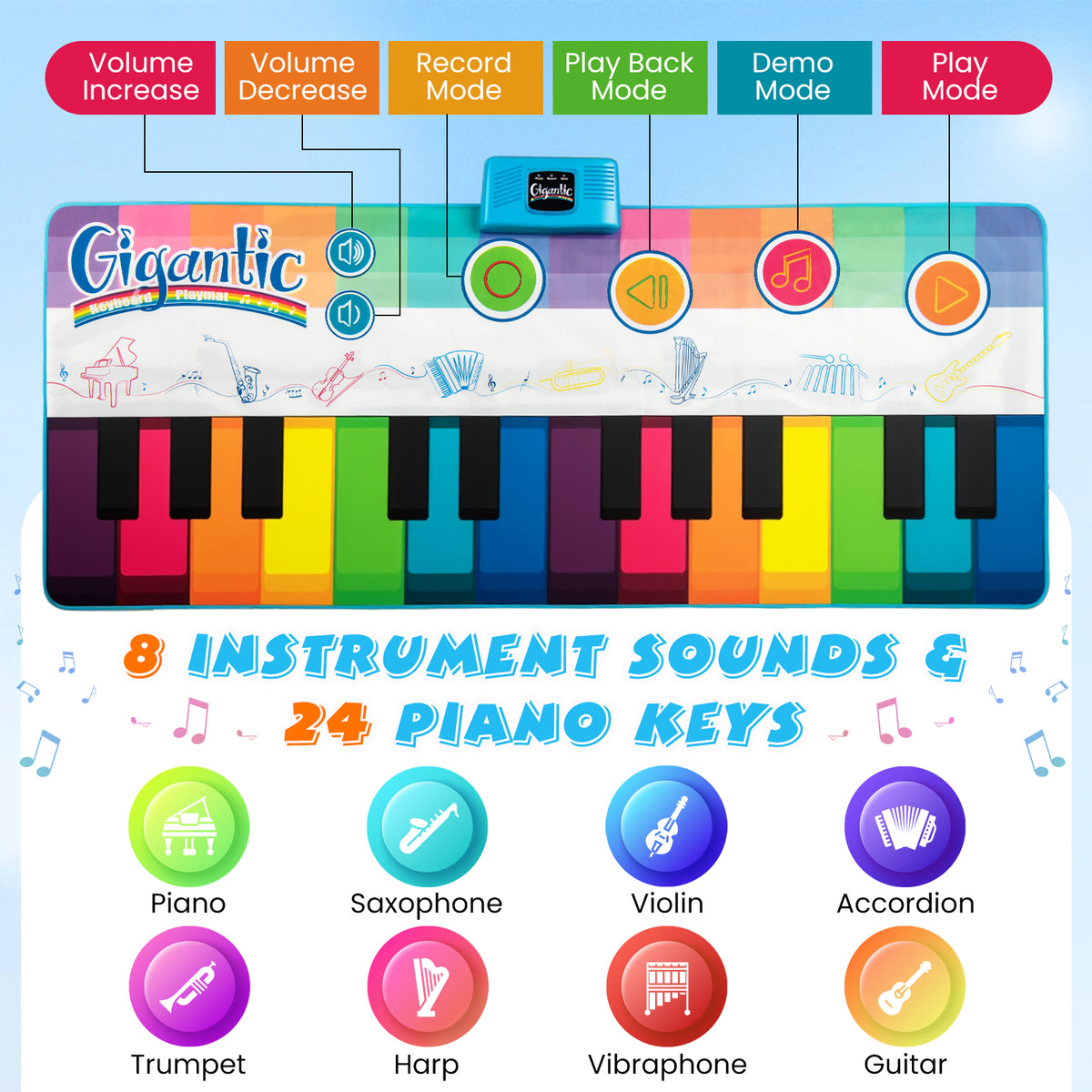 The musical floor mat showing the control buttons and icons for the eight different instrument sounds