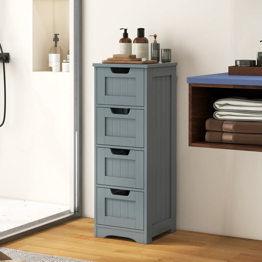 Grey freestanding bathroom cabinet with 4 drawers in a bathroom setting