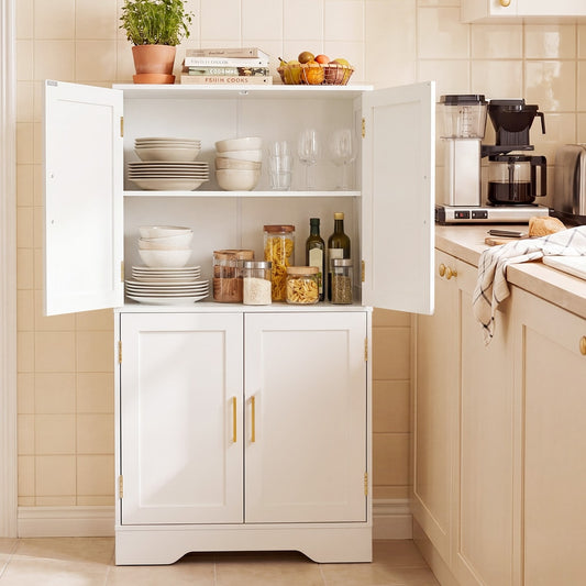 The white cabinets & chests shown in a kitchen setting with food items and appliances