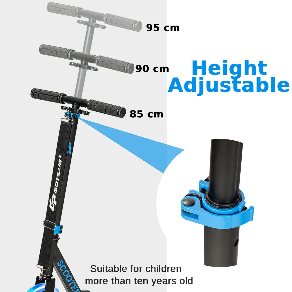 Close-up of the adjustable handlebar height mechanism on the blue kick scooter