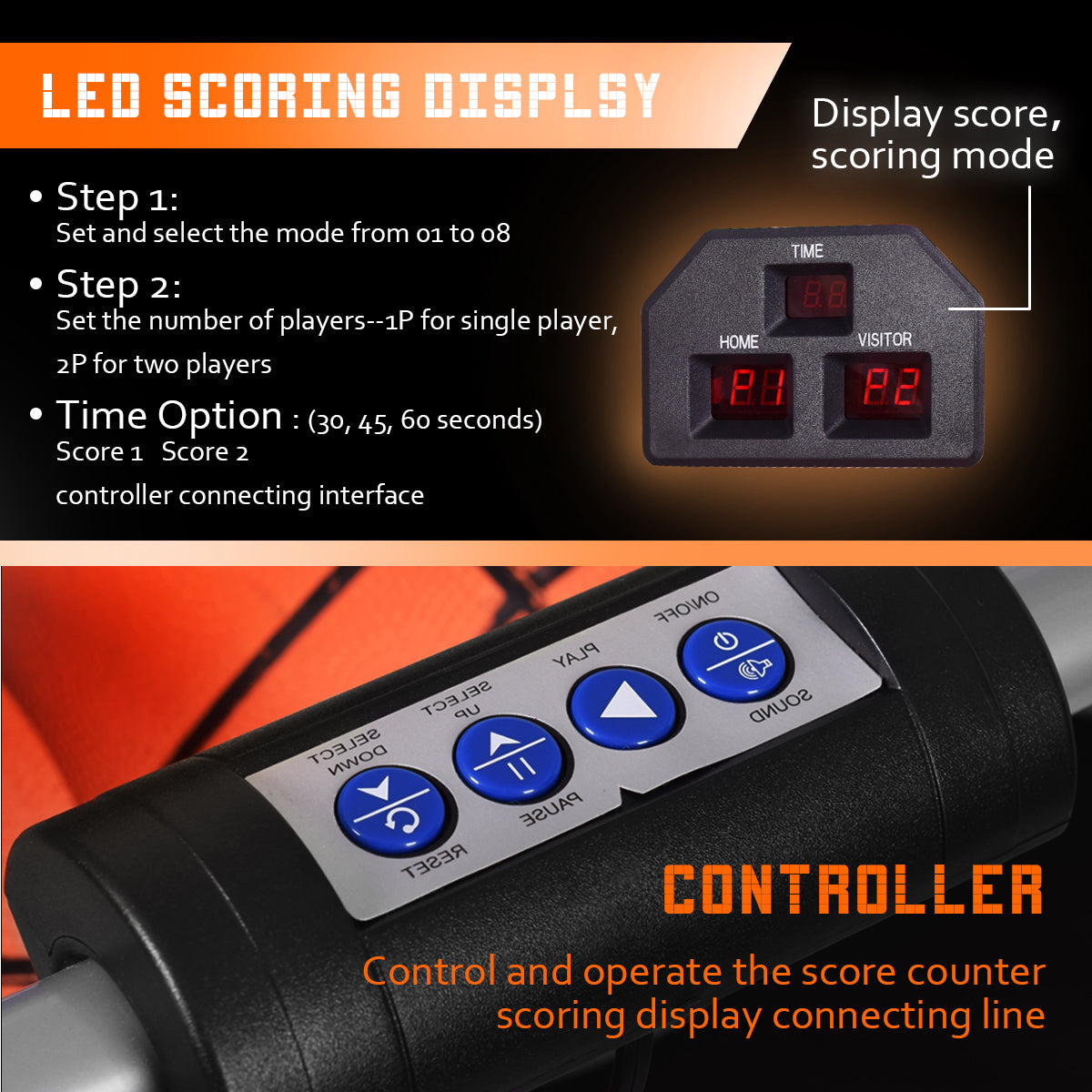 Close up of the LED scoring display and controller for the basketball arcade game