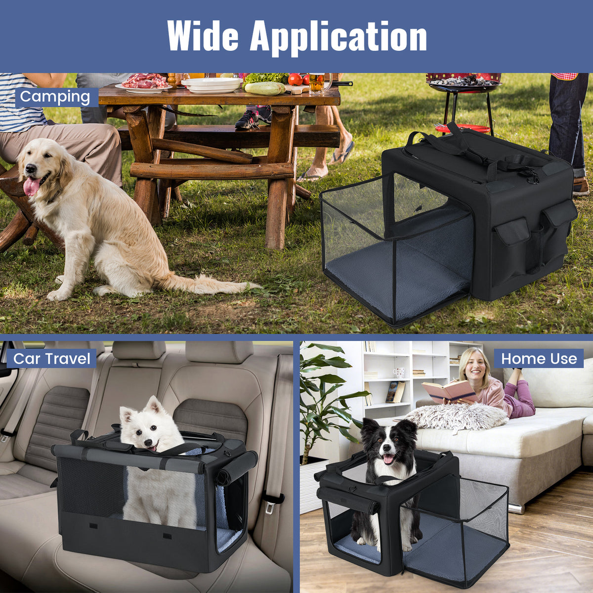 Collage showing the dog crate in various settings: camping, car travel, and home use