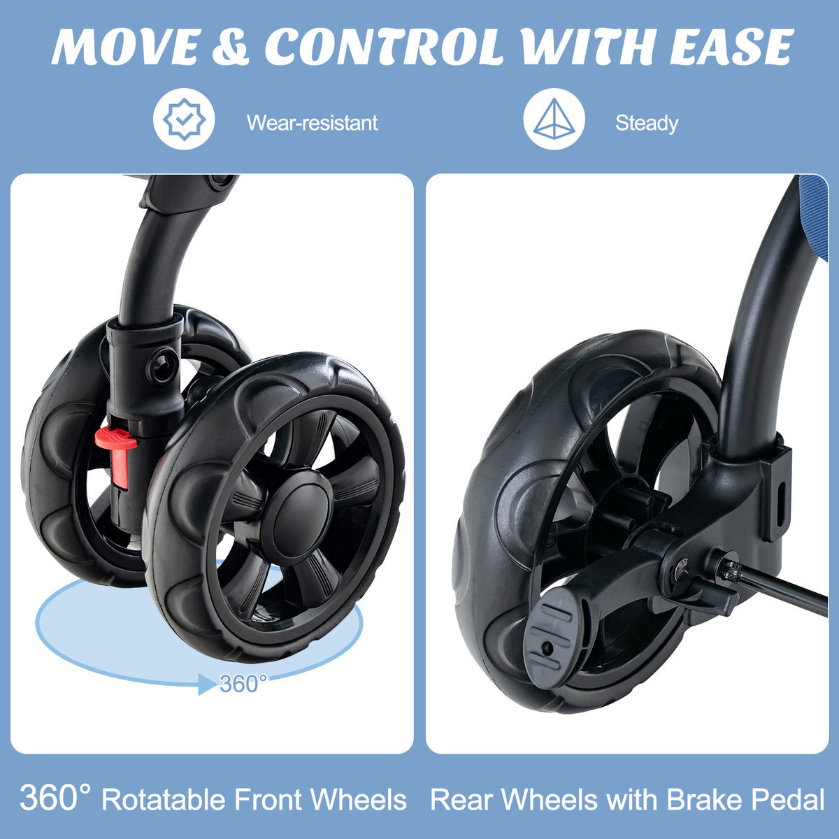 The dog stroller wheels showing the front swivel mechanism and rear brake pedal detail