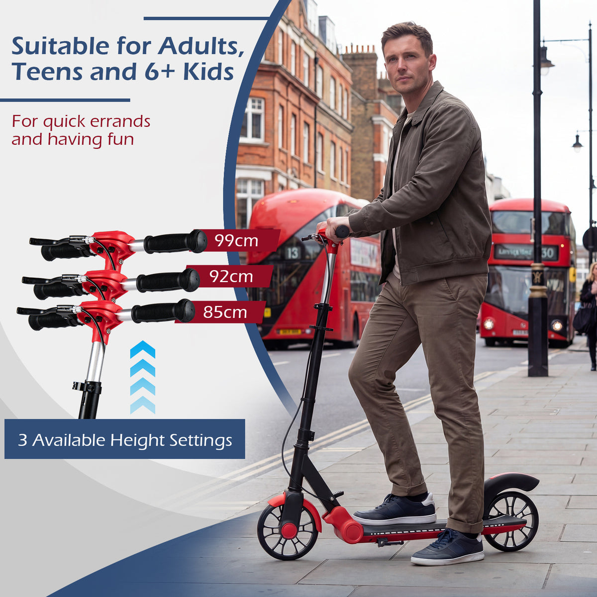 A man riding a red kick scooter with height adjustment details shown