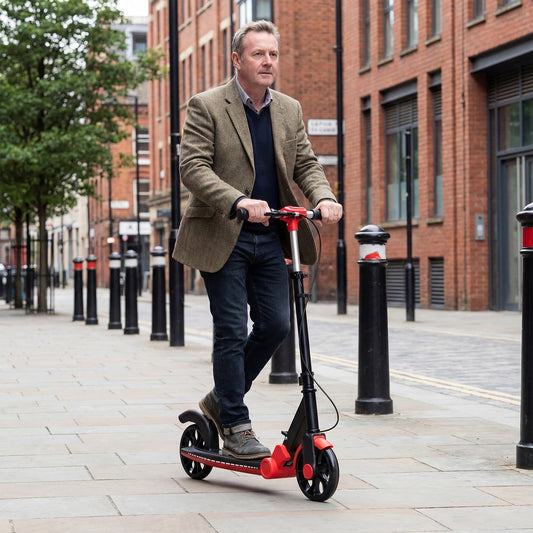 The red kick scooter being ridden by a man on a city street