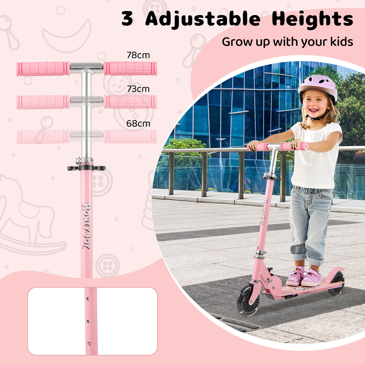 Adjustable handlebar heights for the pink scooter, shown with a child