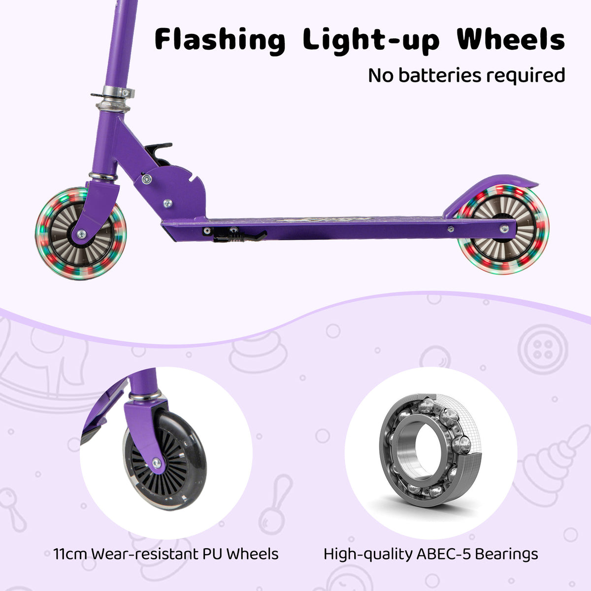 Close up of the flashing light-up wheels and bearings on the purple foldable kids scooter