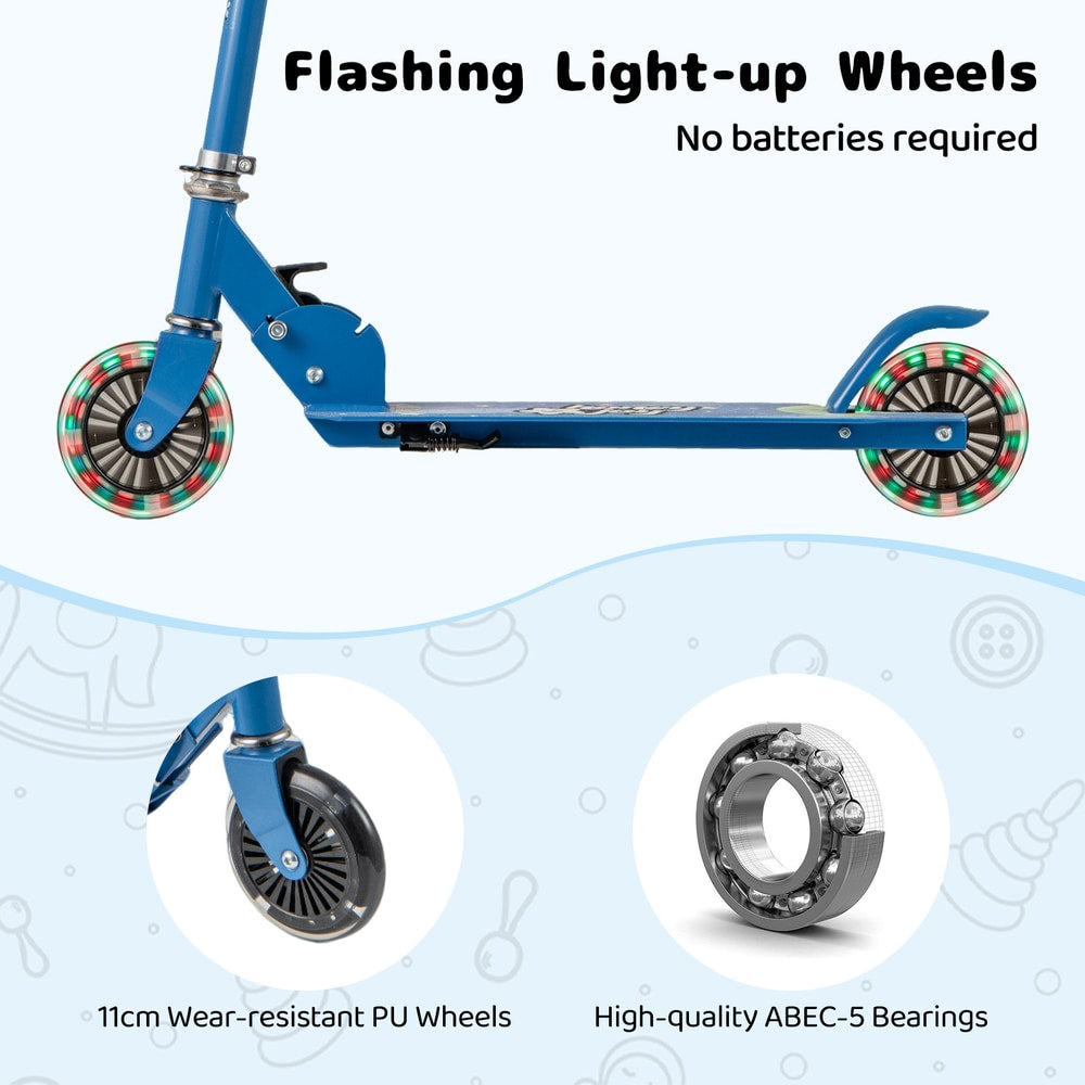 The blue kids scooter has flashing light-up wheels and wear-resistant PU wheels with high-quality bearings