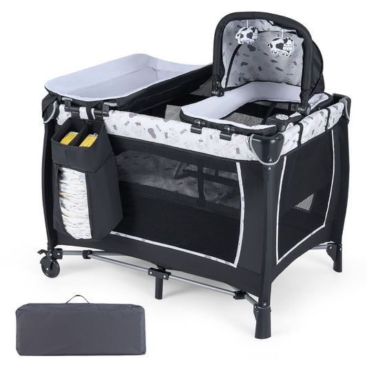 The portable baby playard shown with its matching dark grey storage and travel carry bag