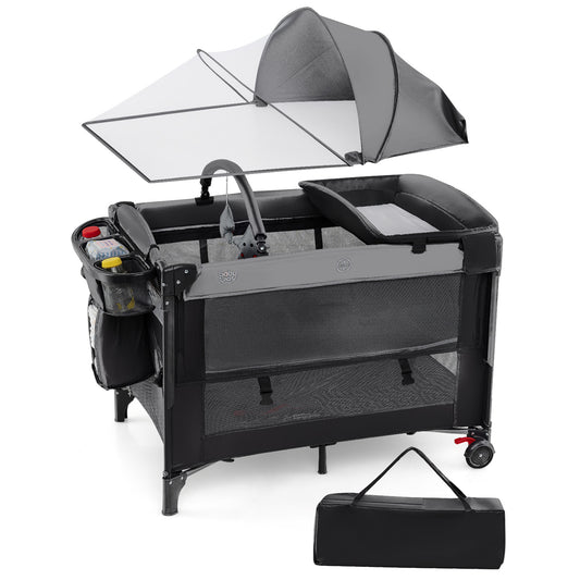 Foldable Pack and Play, the baby playpen shown with its matching black carry bag for storage and travel