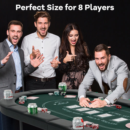 The game room table in use by a group of happy friends playing cards