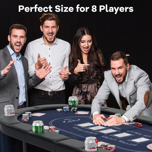 The oval poker table is shown with four people playing cards and holding drinks