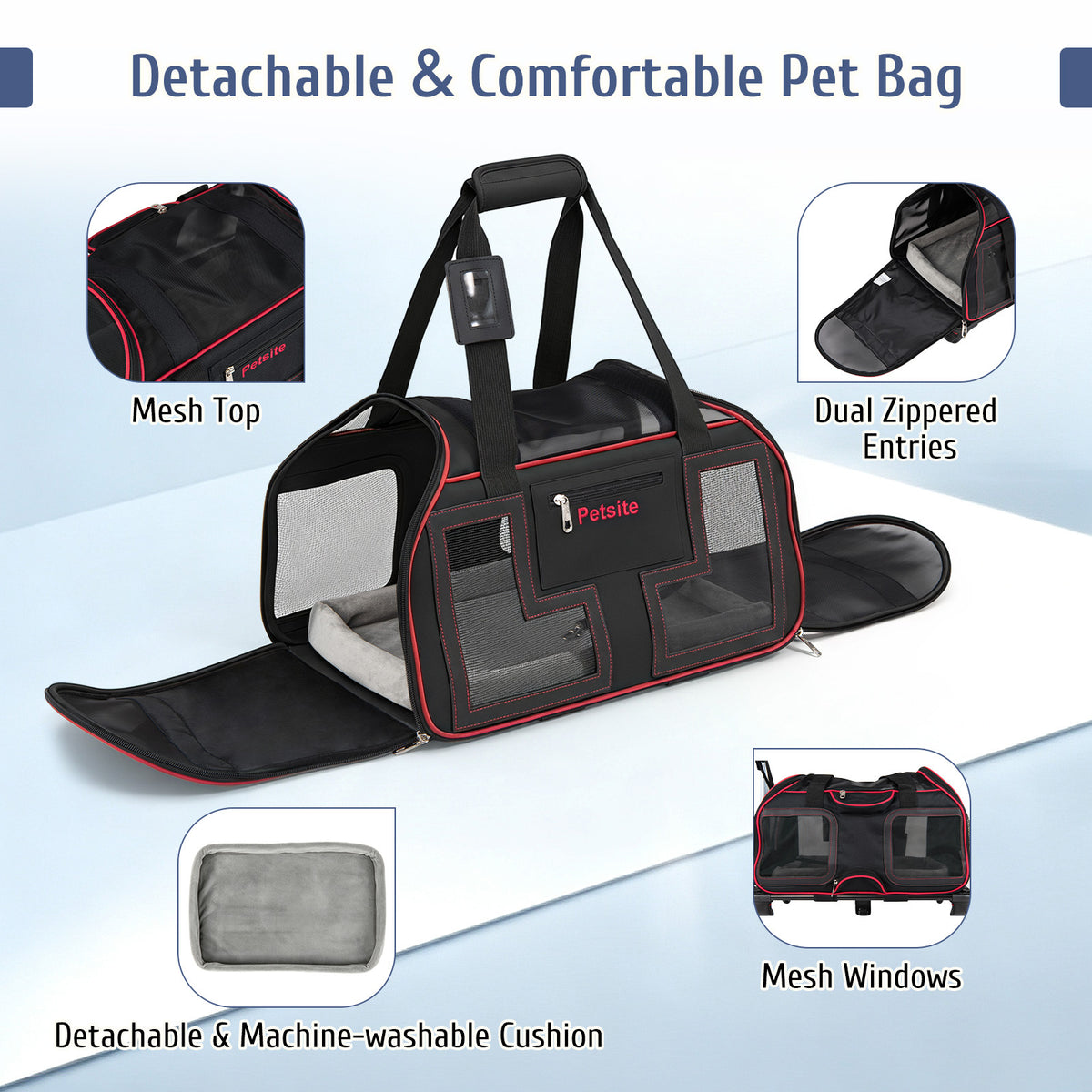 Features of the red foldable pet carrier with wheels including mesh and cushion