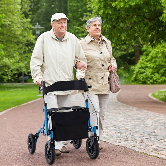 The blue rolling walker being used by a person walking along a paved park path