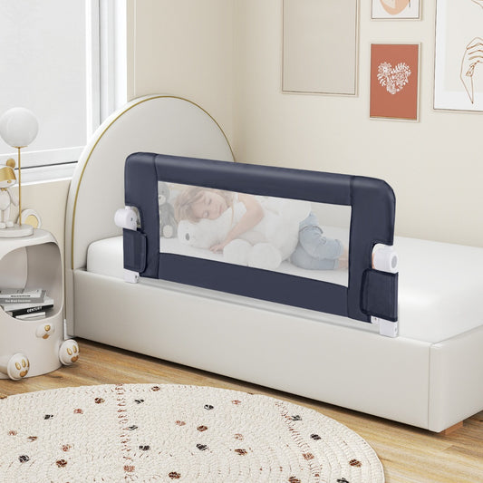 The bed rail installed on a child's bed with a sleeping toddler inside