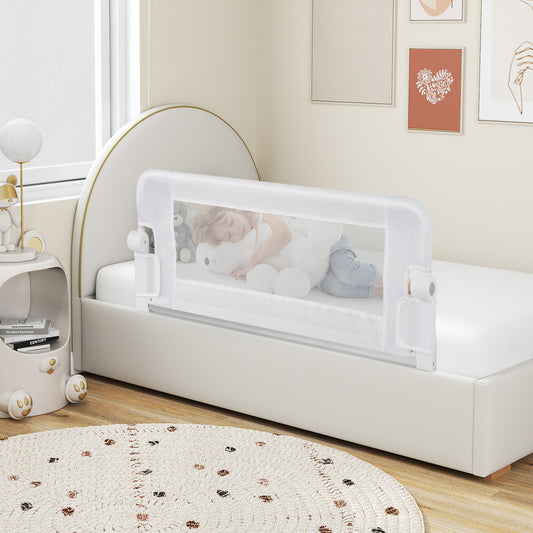 The bed rail installed on a child's bed with a toddler sleeping safely behind the mesh panel