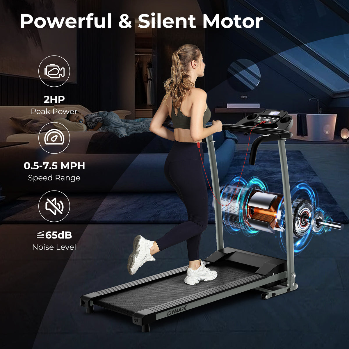 The treadmill with a graphic overlay illustrating its powerful and silent motor and speed range