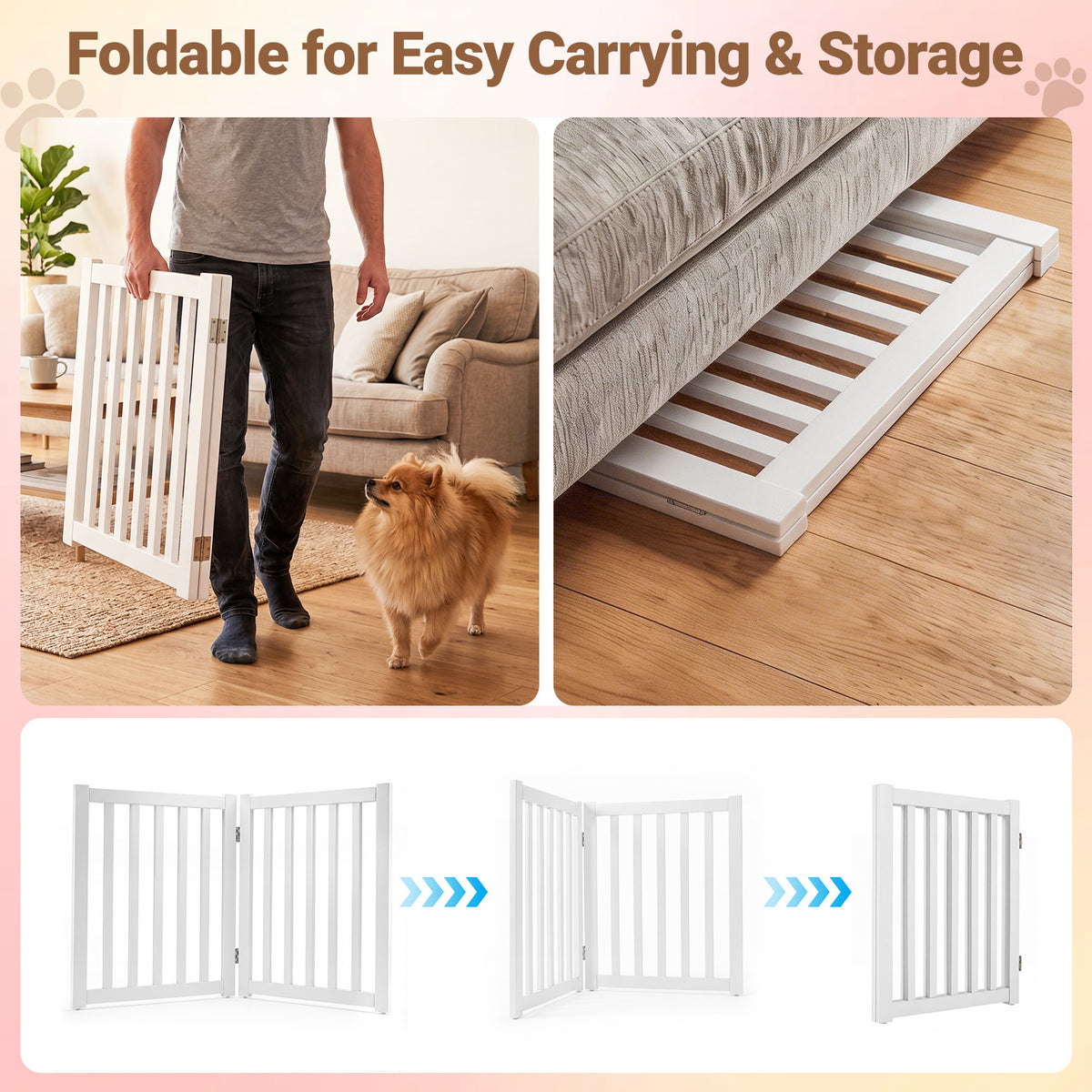 Demonstration of the white wooden pet gate being folded for storage and carrying