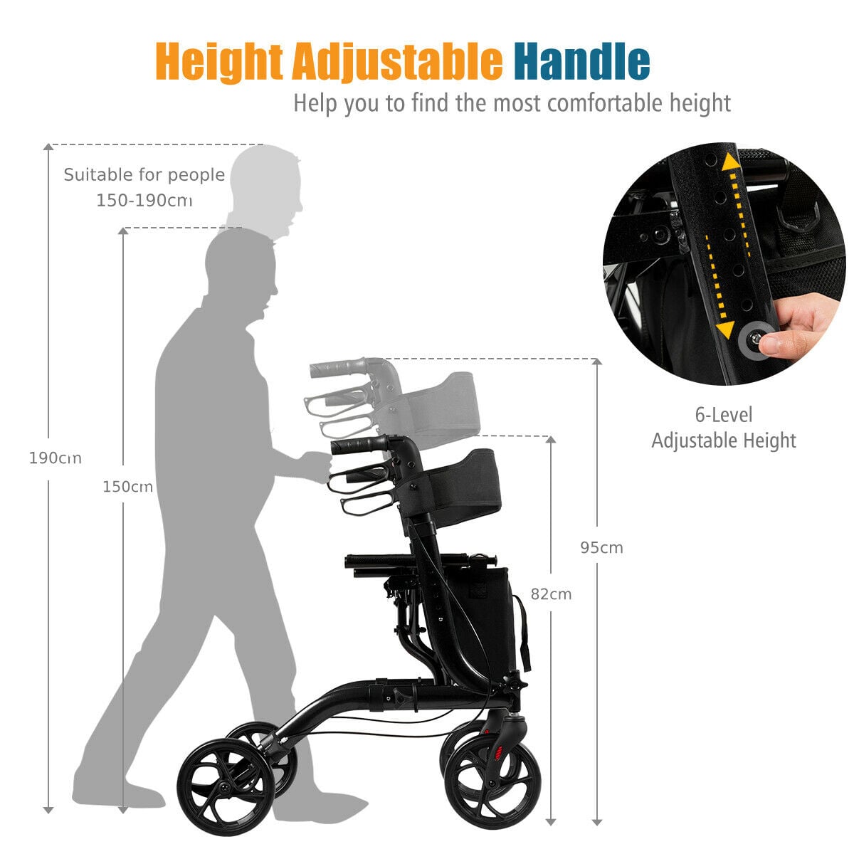 The mobility aid showing the adjustable handle height mechanism and user height guide